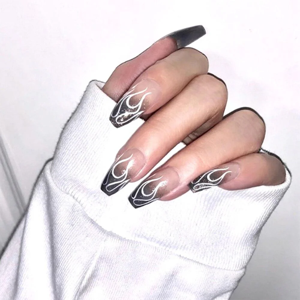 24pcs/Box 2021 Trend Black Flame False Nails Finished Fake Nails With Cross Foreign Design Removable Waterproof Nail Tips 1103-Nail Inspo