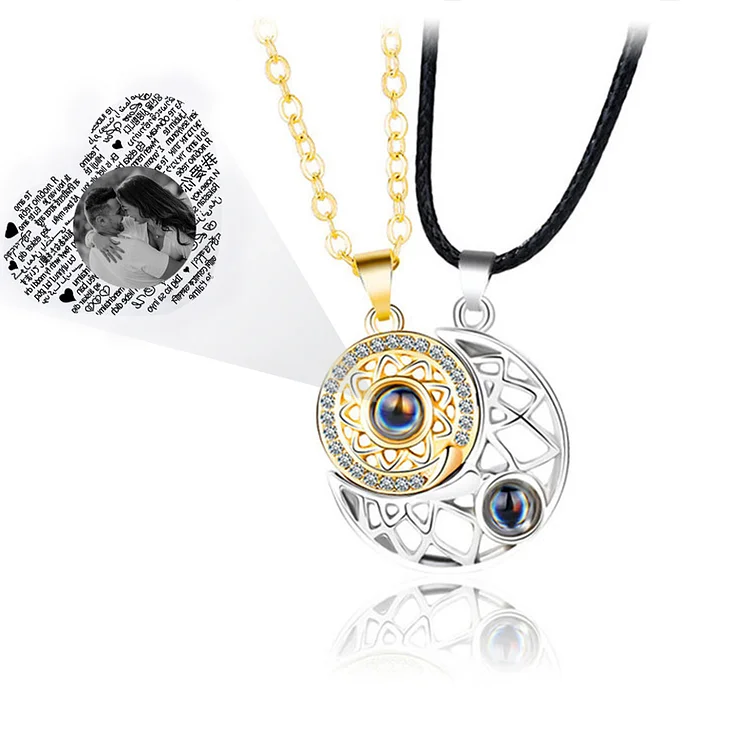 Personalisierte Foto 100 Sprachen Ich Liebe Dich Projektion Halskette Magnetische Sonne Mond Halskette Geschenk für Liebe Paar Halsketten 