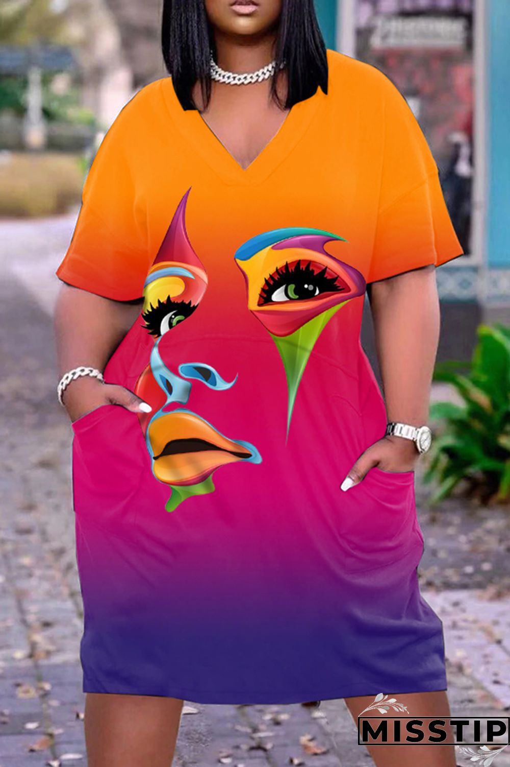 Multi-color Fashion Casual Print Patchwork V Neck Short Sleeve Dress