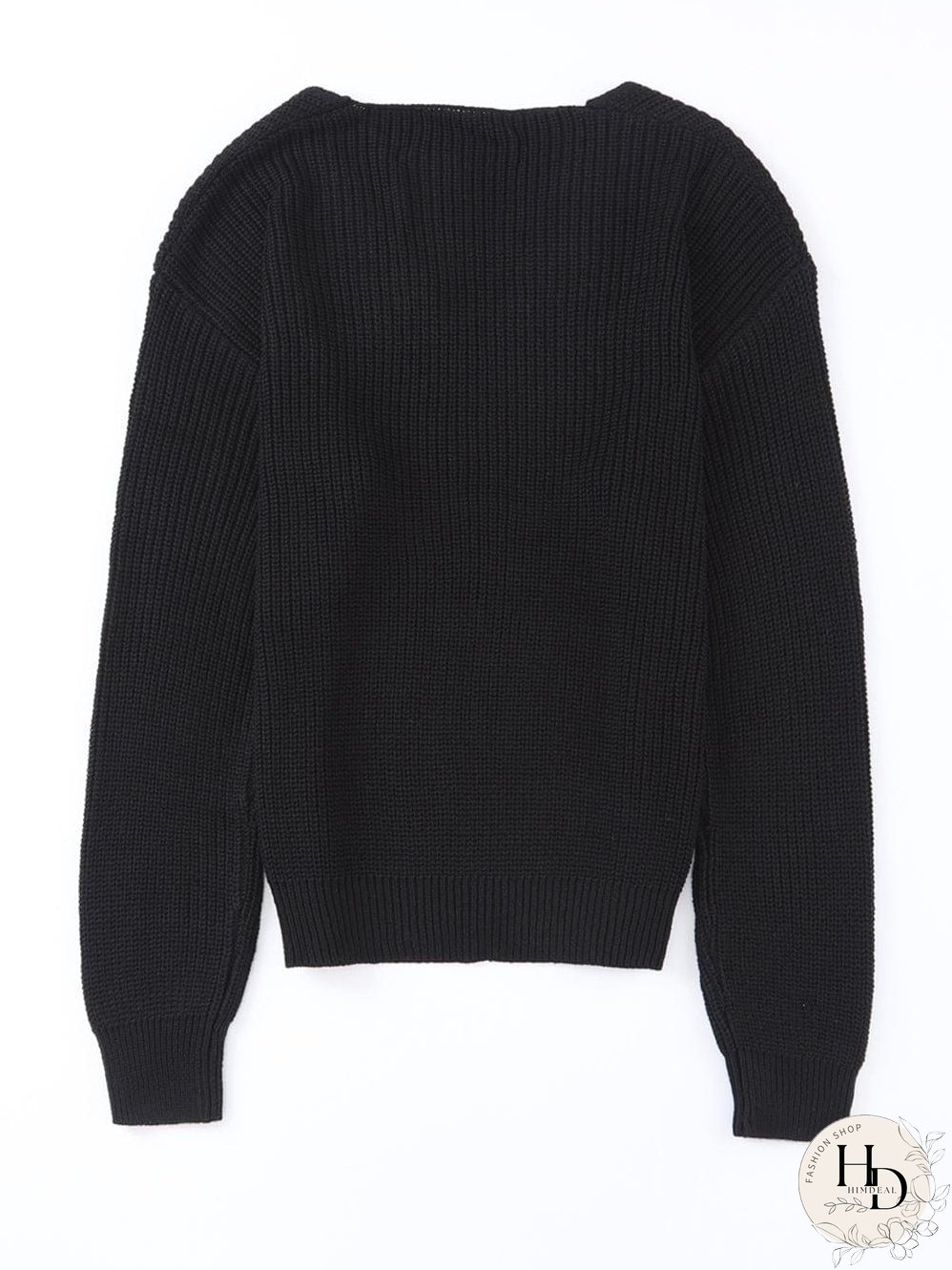 Elegant Black V-Neck Ribbed Knit Sweater