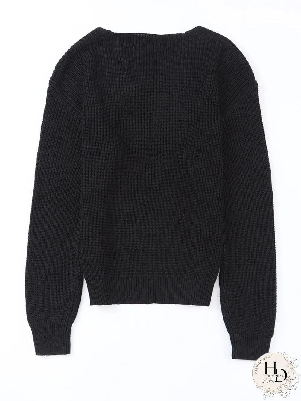 Elegant Black V-Neck Ribbed Knit Sweater