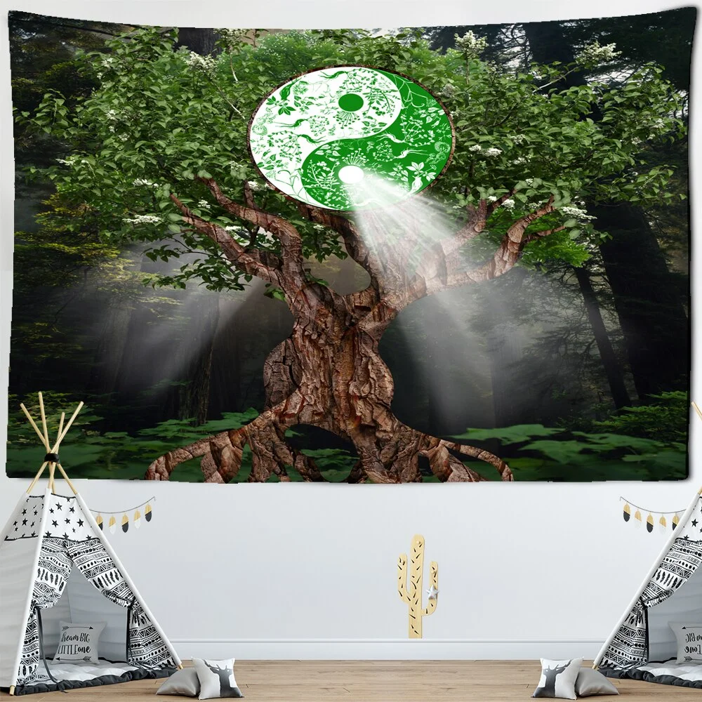 World Tree Tapestry Wall Hanging Boho Decor Wall Cloth Tapestries Psychedelic Hippie Night Moon Tapestry Mandala Wall Carpet