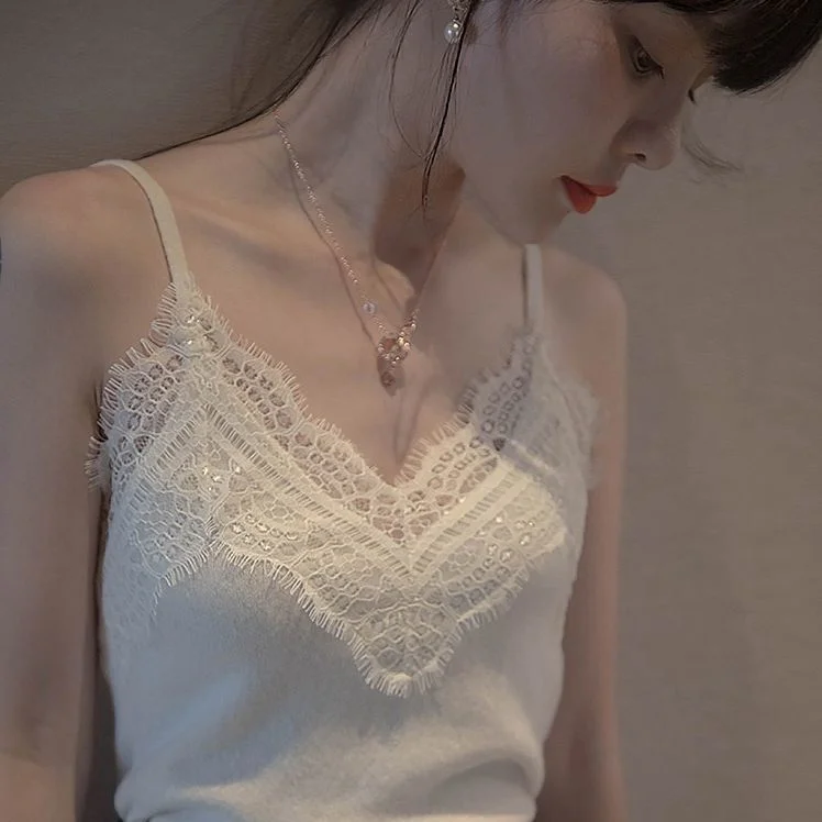 Uveng Uveng Sling Vest Women In Autumn With Velvet Thick Lace Knitted Bottom Shirt Sleeveless Top In Trend