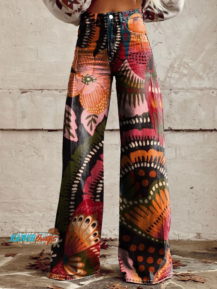 Women’s Vintage Print Casual Wide Leg Pants Multicolor / S