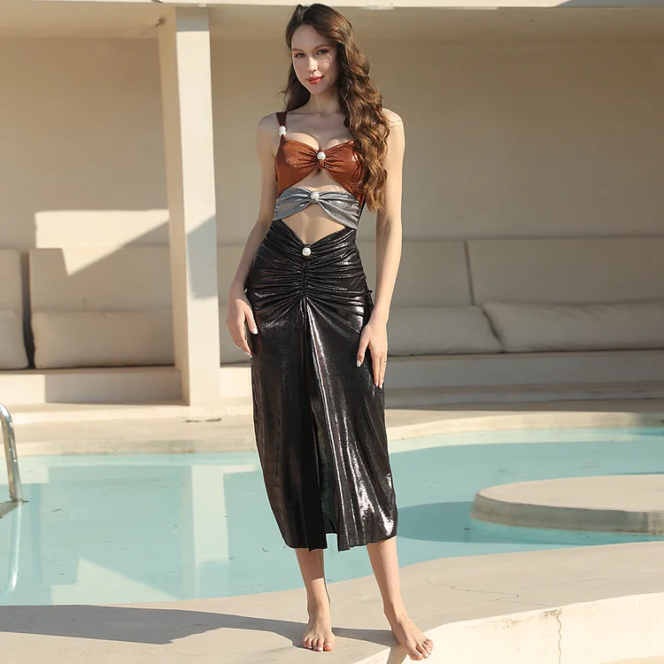 Contrasting Colors Shiny Pearl Decoration One Piece Swimsuit and Skirt