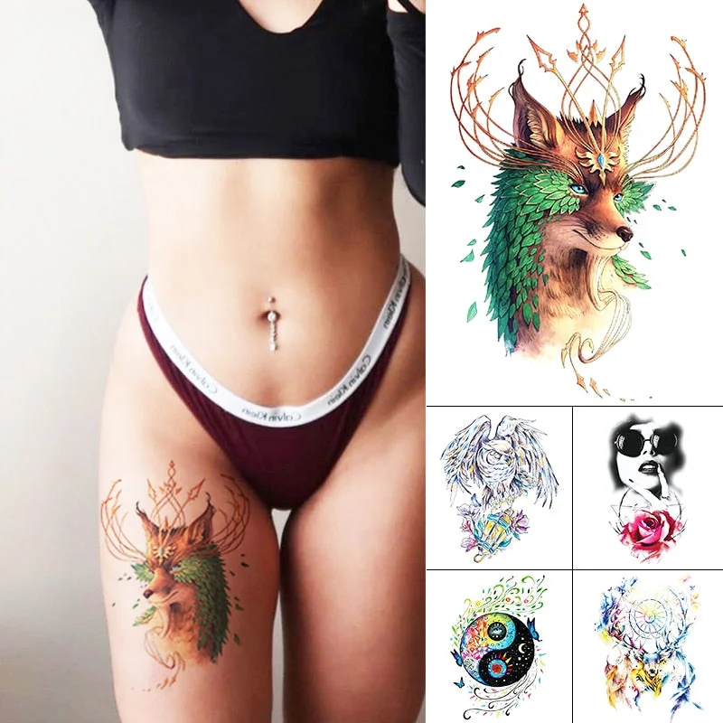 1PCS Temporary Tattoo Sticker Fox King Owl Totem Large Arm For Men Women Body Art Sticker