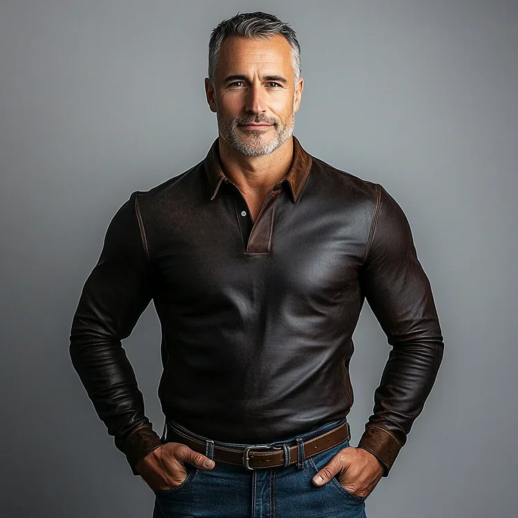 Mens PU Leather Turndown Collar Button Long Sleeve Polo Shirt-inspireuse