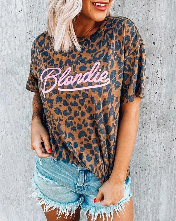 leopard blondie letter print brown t shirt p125944