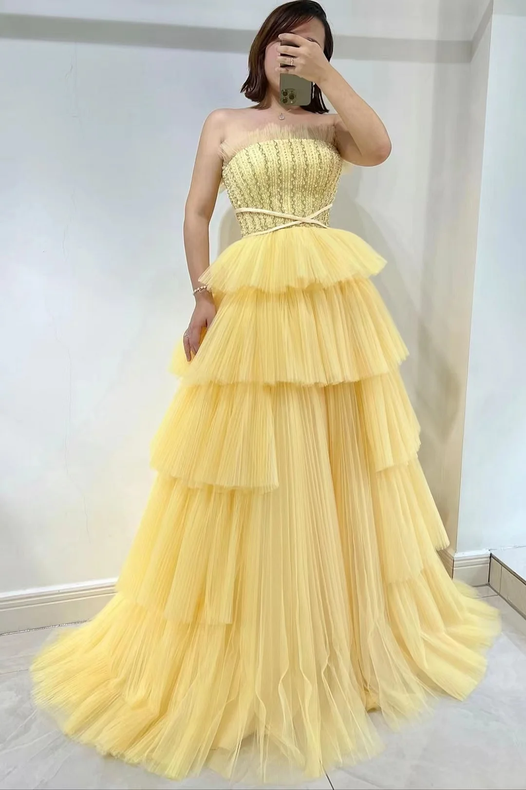 Daisda Daffodil Strapless Sleeveless Tulle Prom Dress With layered