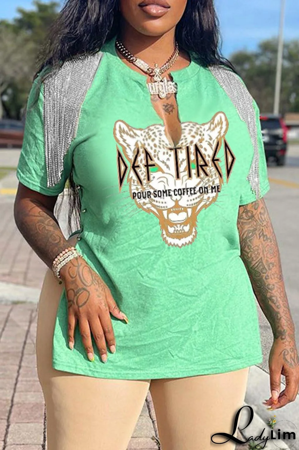 Coffee Fashion Casual Print Tassel Patchwork V Neck T-Shirts