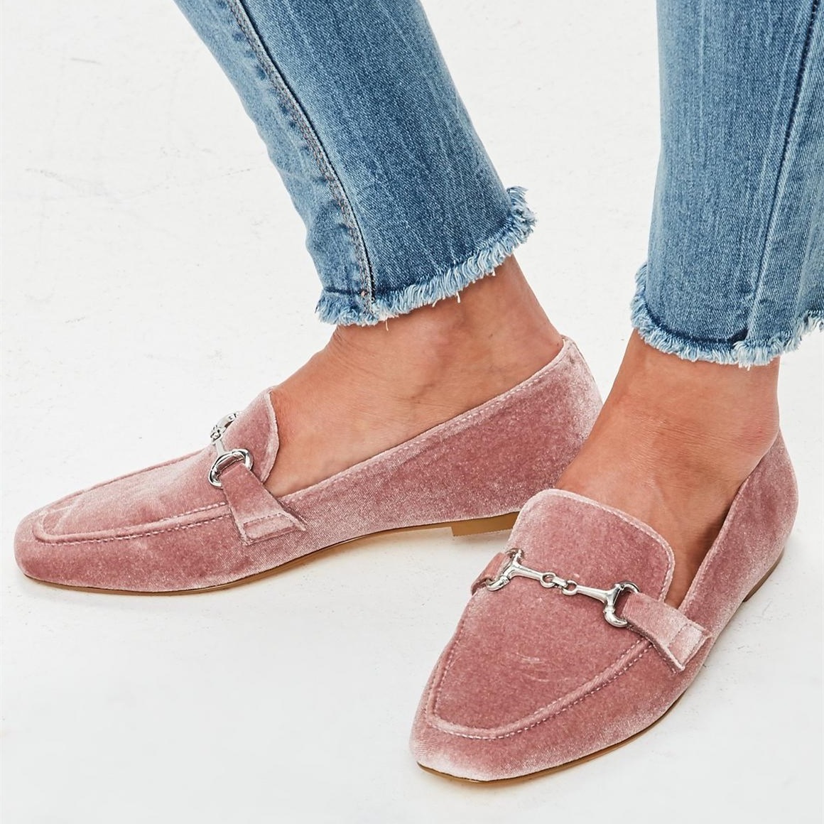 Velvet Square Toe Horsebit Decor Pink Flat Loafer Shoes for Women