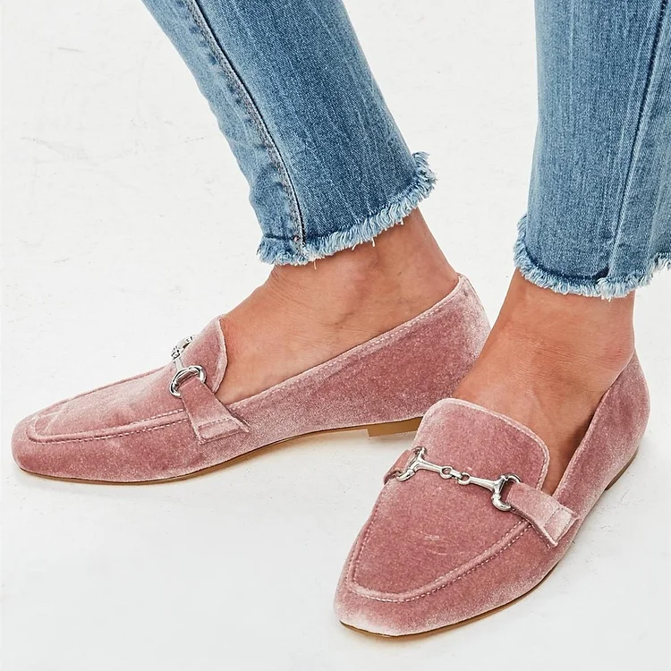 Pink Velvet Round Toe Horsebit Flats Women's Loafers |FSJ Shoes
