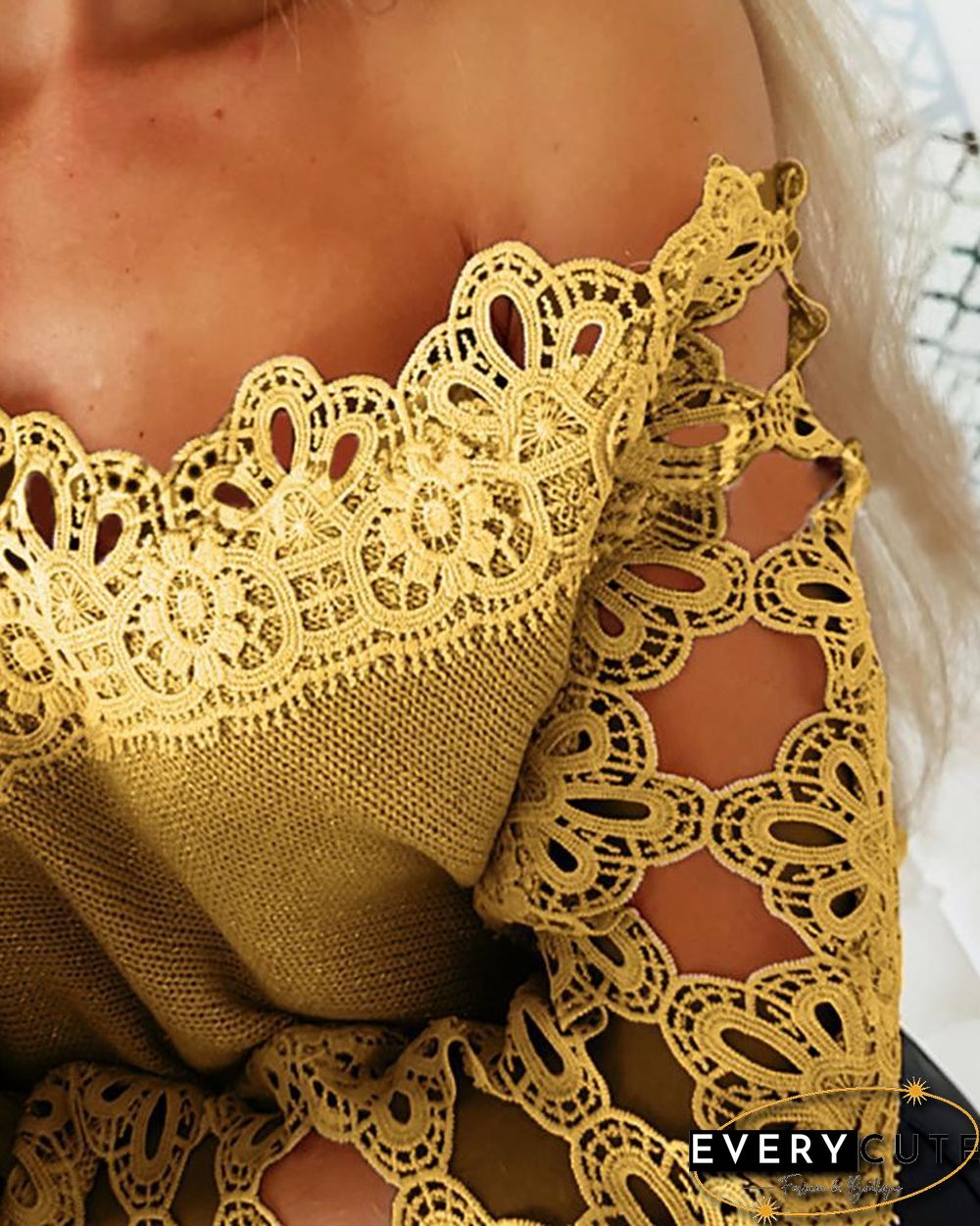 Off Shoulder Hollow out Trim Blouse P13613