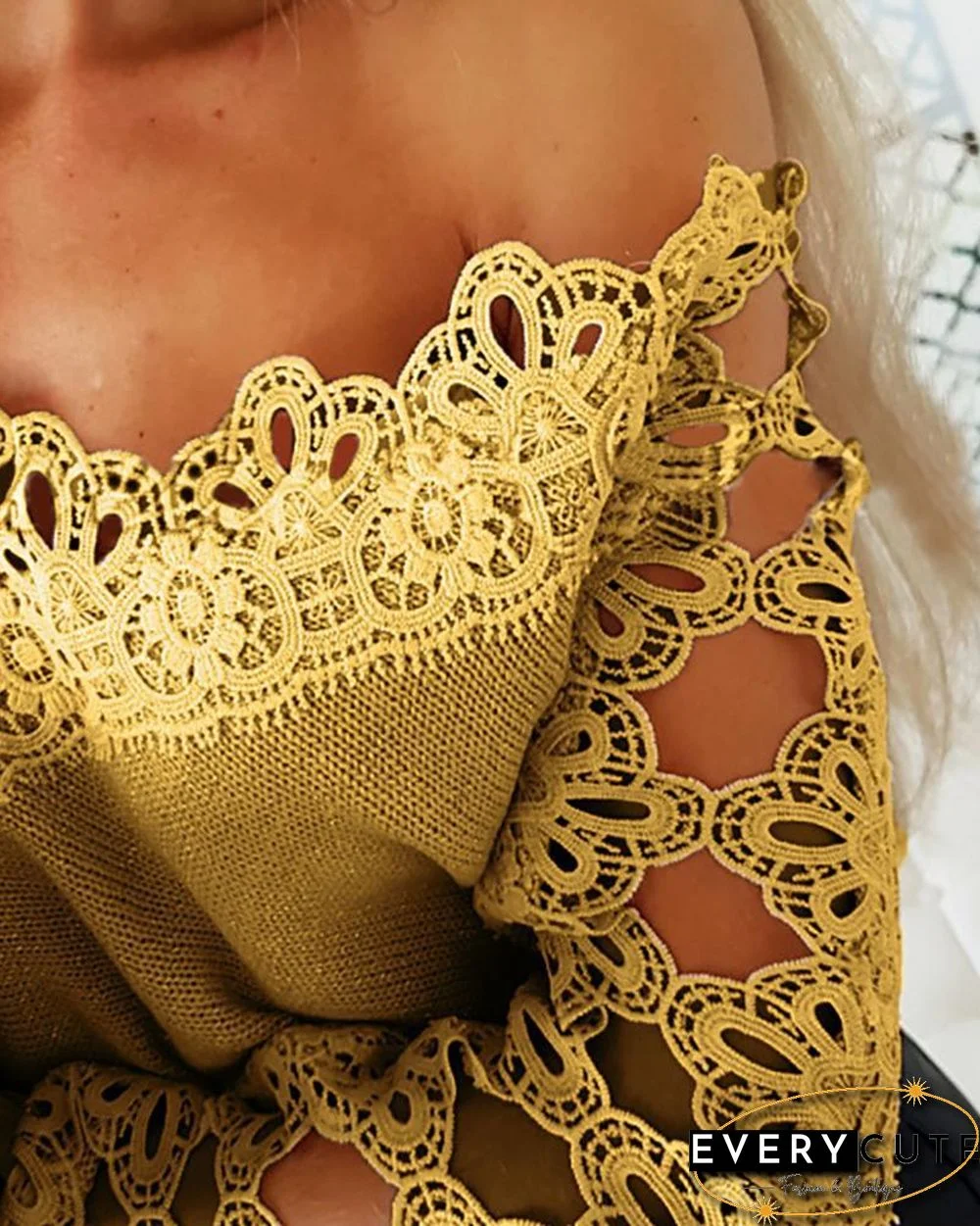 Off Shoulder Hollow out Trim Blouse P13613