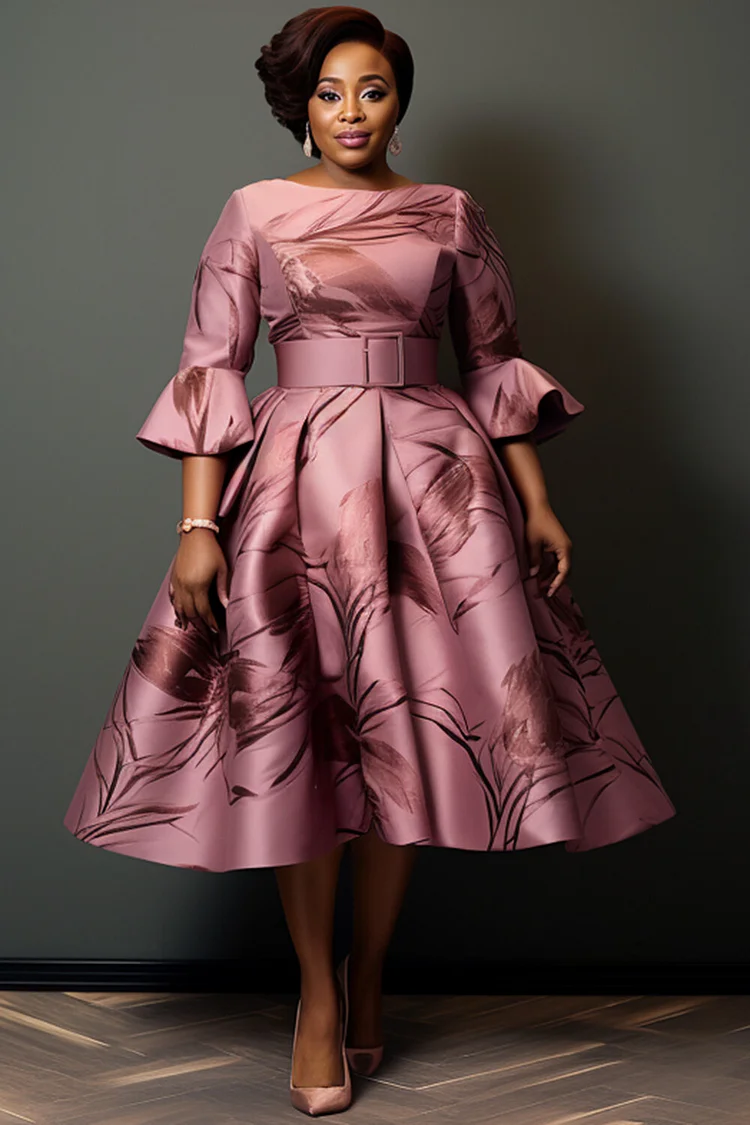 Xpluswear Design Plus Size Mother Of The Bride Pink Graphic Flare 3/4 Sleeve Pocket Satin Midi Dresses