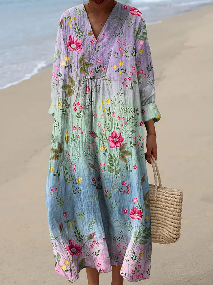 Women's Vintage Lovely Floral Art Print Cotton Dress
