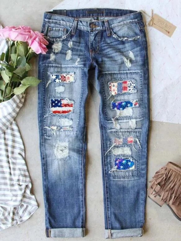 Women Independence Day Flag Ripped Jeans Pants