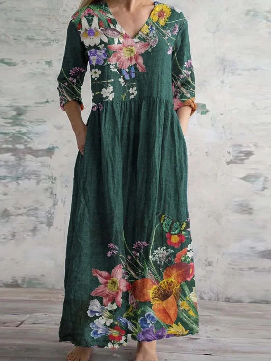 Women's 3/4 Sleeve V-neck Graphic Printed Midi Dress