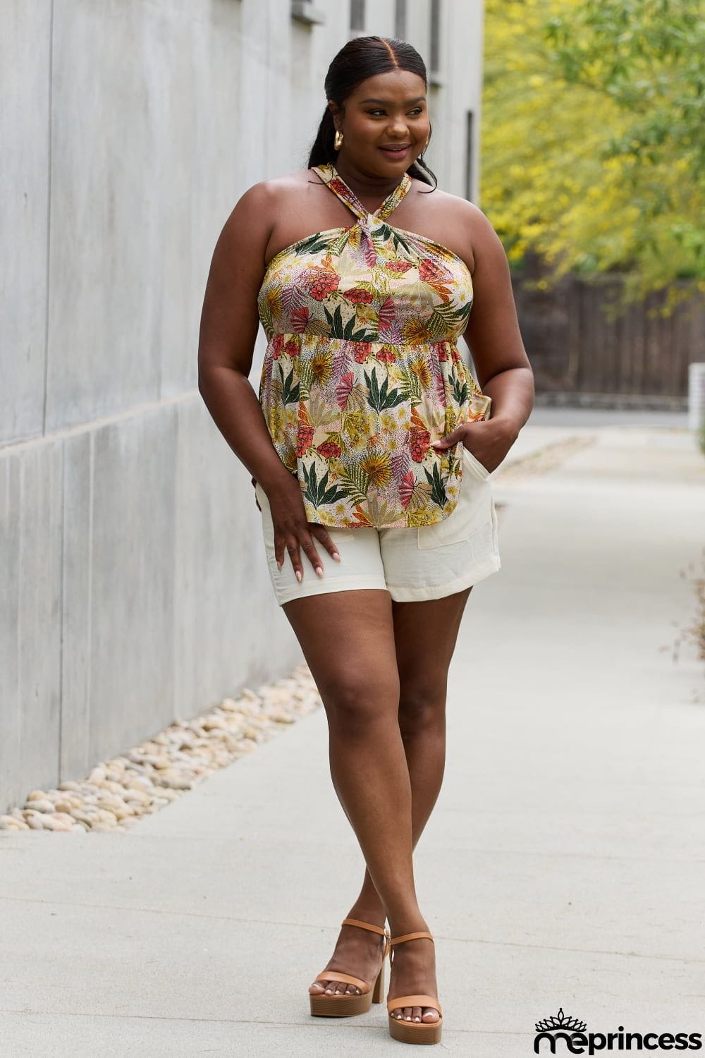 Be Stage Full Size Floral Halter Top in Green