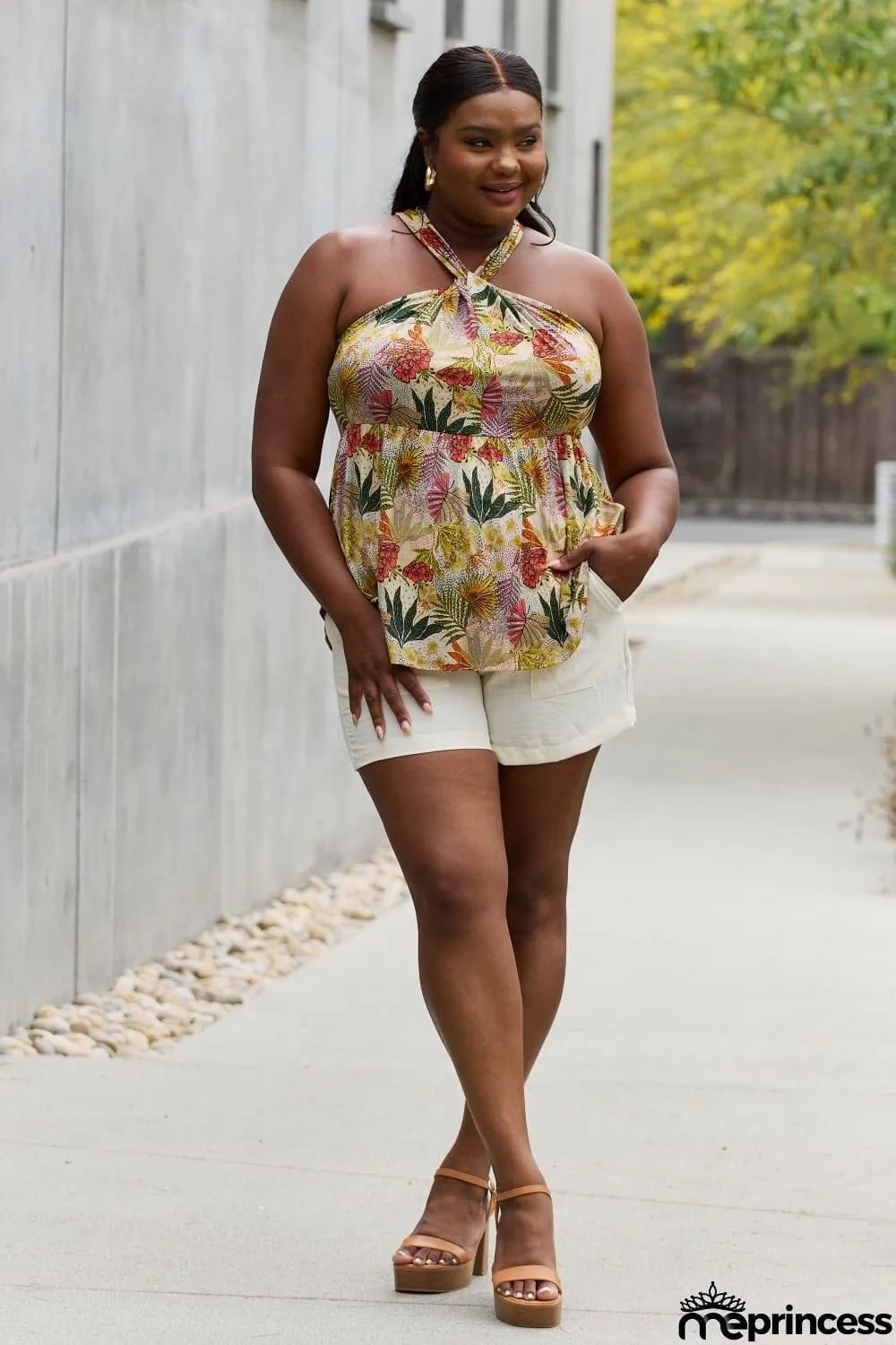 Be Stage Full Size Floral Halter Top in Green