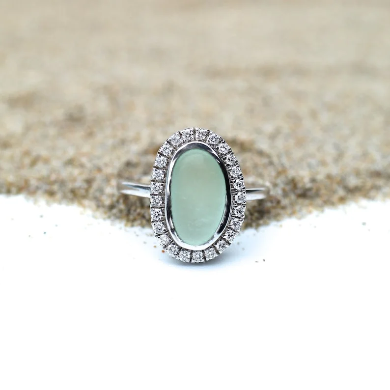 S925 Thalassophile Oval Diamond Sea Glass Ring