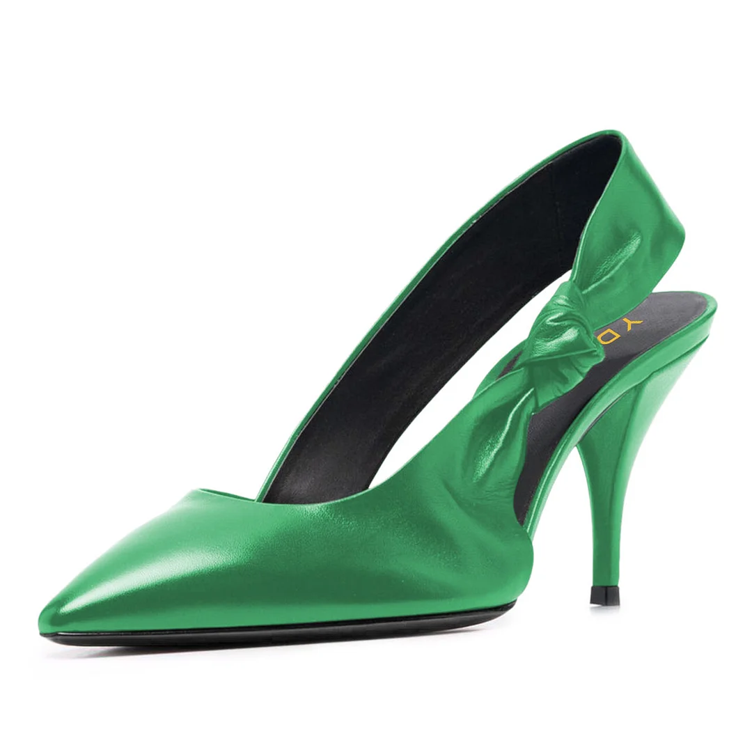 Green Pointed Toe Knot Decor Stiletto Heel Slingback Pumps