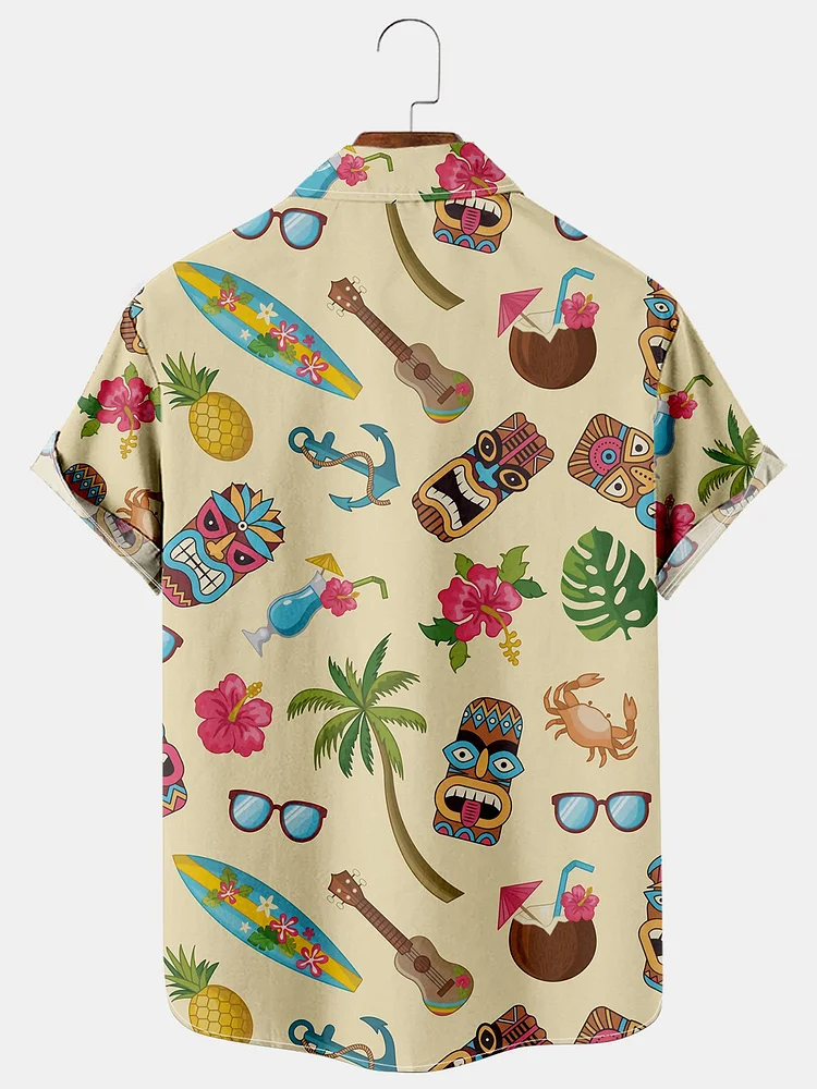Holiday Style Hawaiian Series Plant Leaves And Floral Elements Lapel Short-Sleeved Shirt Print Top