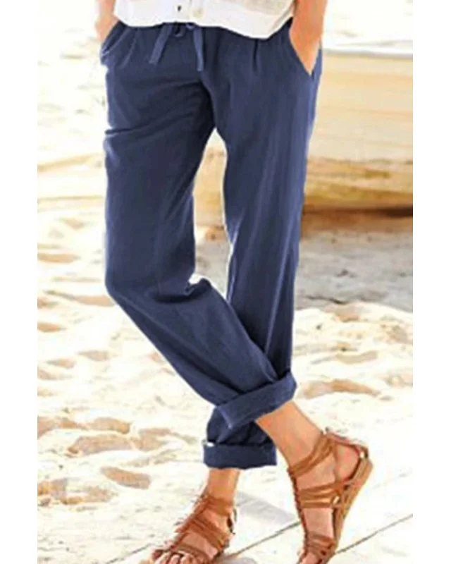 Solid color drawstring elastic waist pants