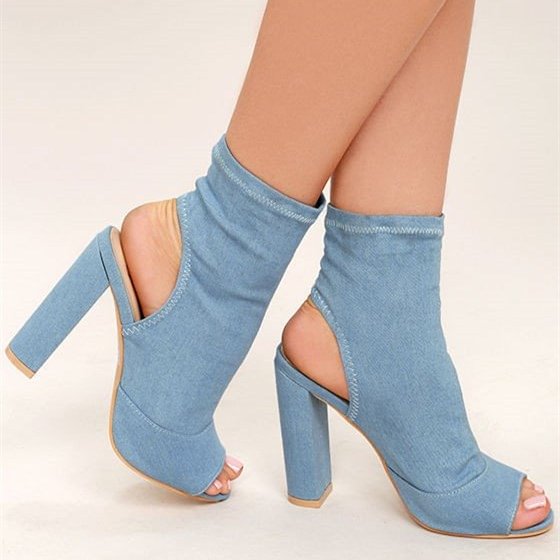Light Blue Denim Boots Peep Toe Slingback Chunky Heel Sock Boots |FSJ Shoes