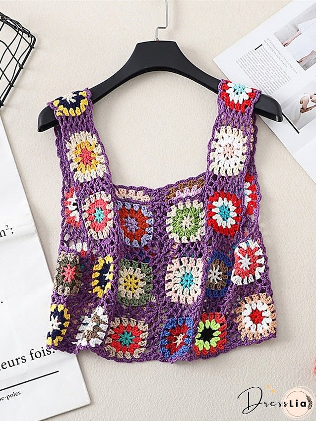Women's Sweater Vest Jumper Crochet Knit Embroidered Hole Floral Square Neck Stylish Sexy Daily Holiday Summer Spring