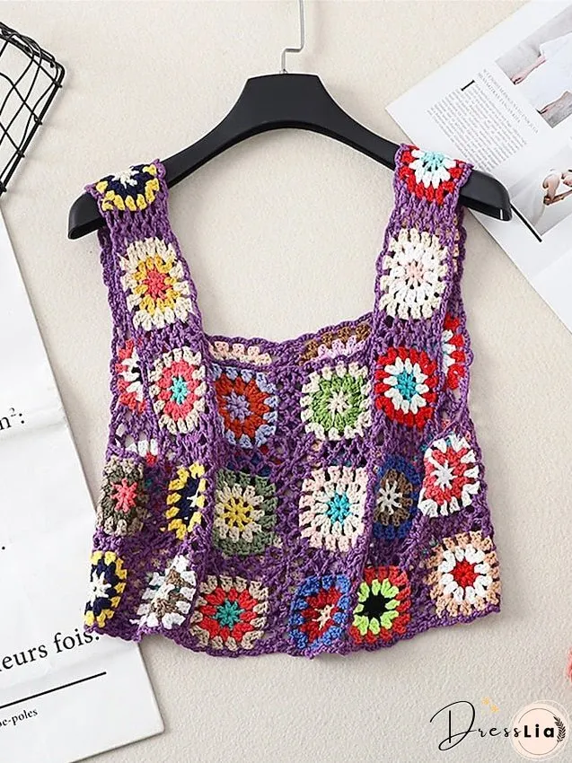Women's Sweater Vest Jumper Crochet Knit Embroidered Hole Floral Square Neck Stylish Sexy Daily Holiday Summer Spring