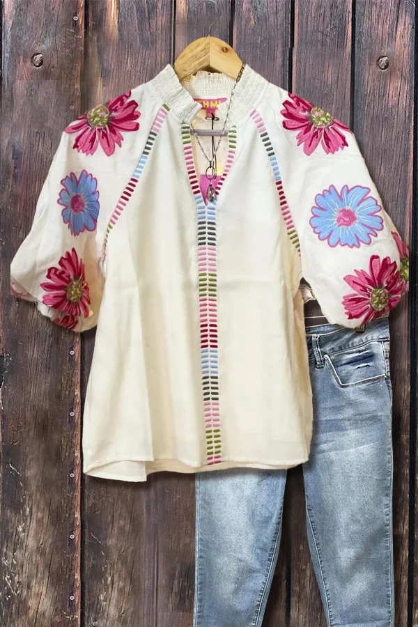 Colorful V-Neck  Floral Print Puff Sleeve Top
