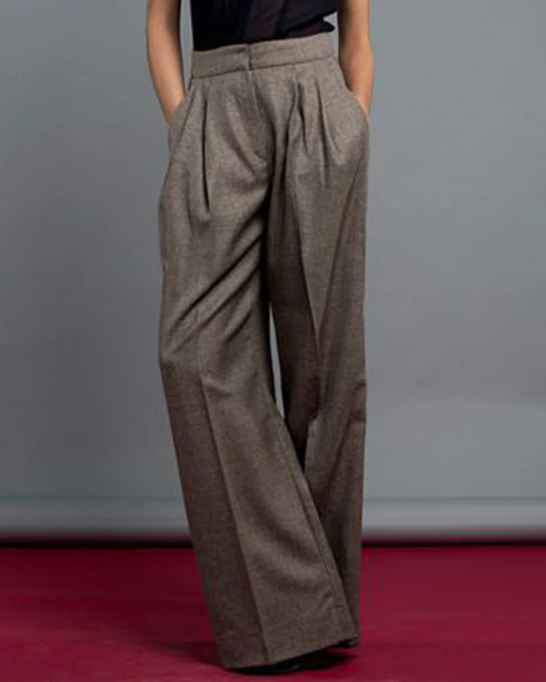 Pleated solid color loose wide-leg pants