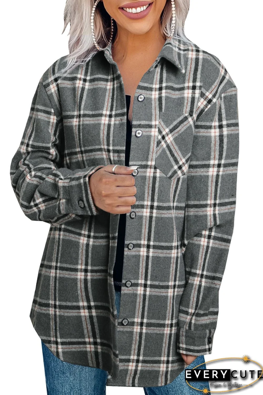 Gray Plaid Button Up Long Sleeve Shirt with Pocket