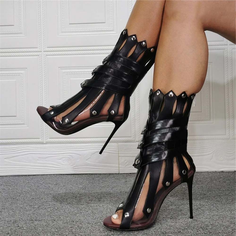 Black Heel Open Toe Ankle Boots Cool Women's Leather Boots