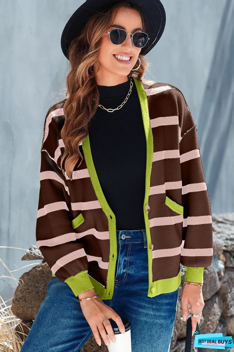 Striped Button Up Long Sleeve Cardigan