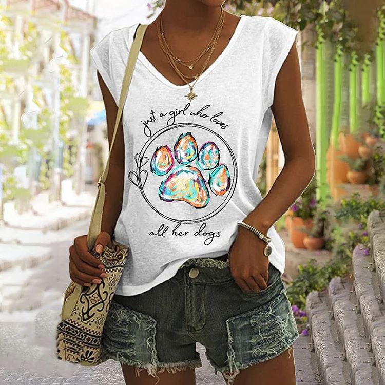 Paws Just A Girl Who Loves All Her Dogs Print Sleeveless Tank Top