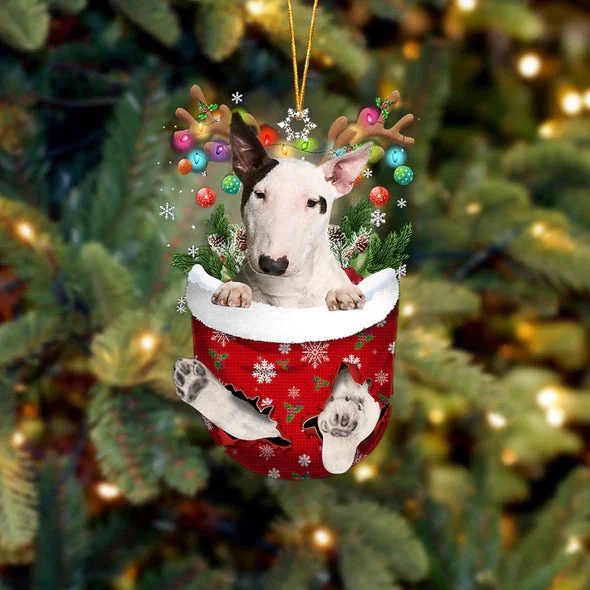 Bull Terrier In Snow Pocket Christmas Ornament.