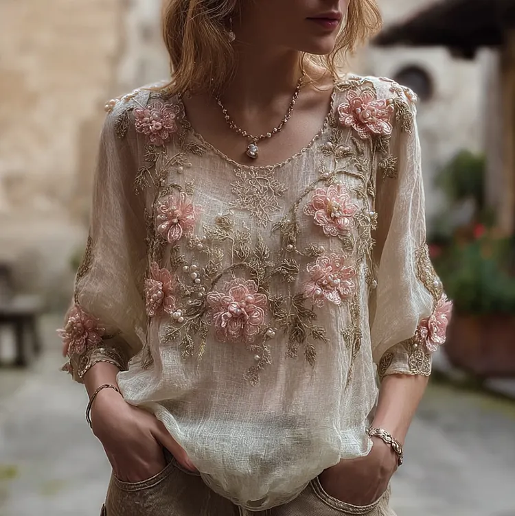 Bohemian Style 3d Pink Flowers And Embroidery Women's Round Neck Cotton And Linen Top