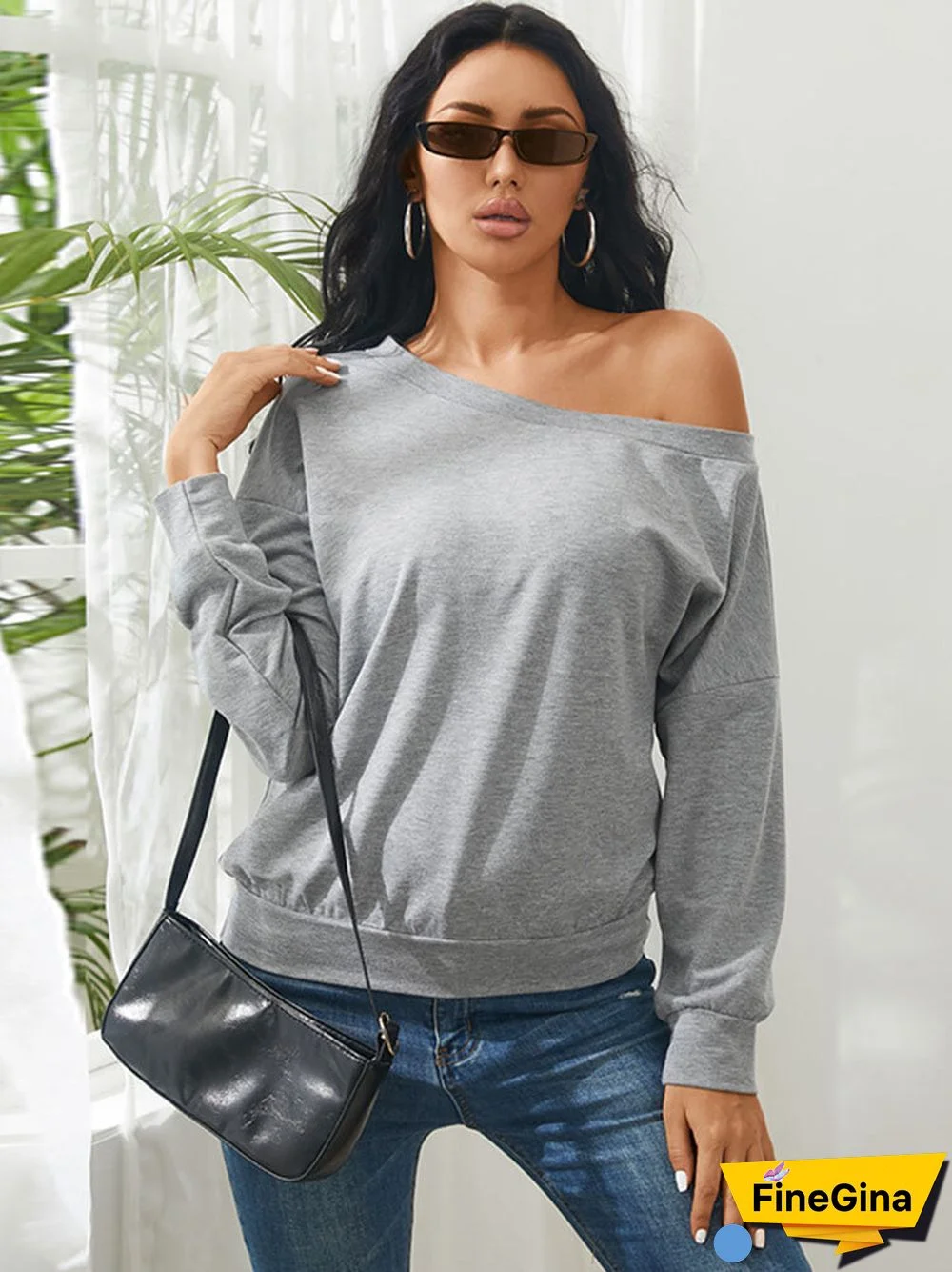 Solid Long Sleeve One Shoulder Casual Women Sweatshirt