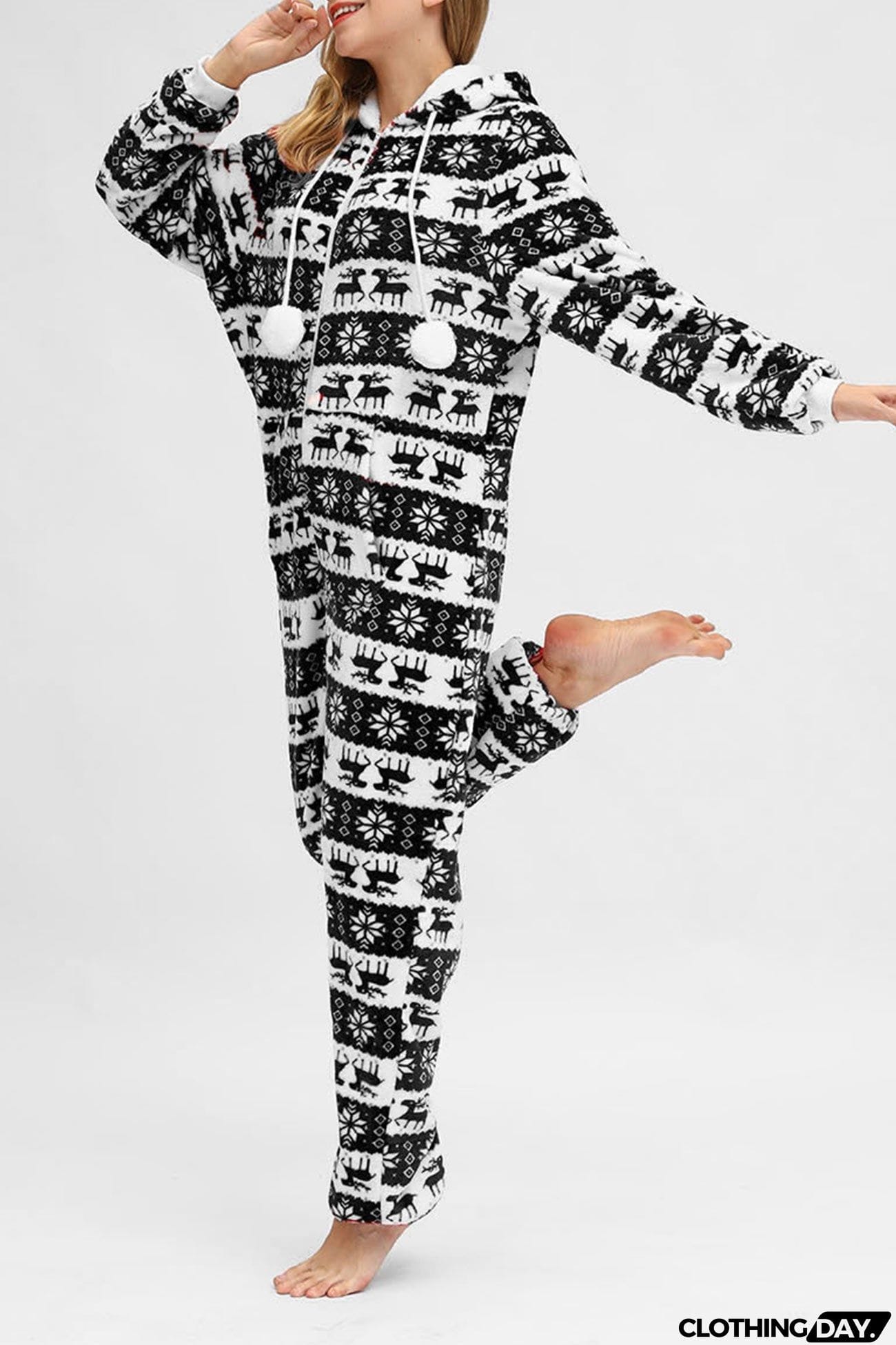 Christmas Printed Zipper Hooded Jumpsuits
