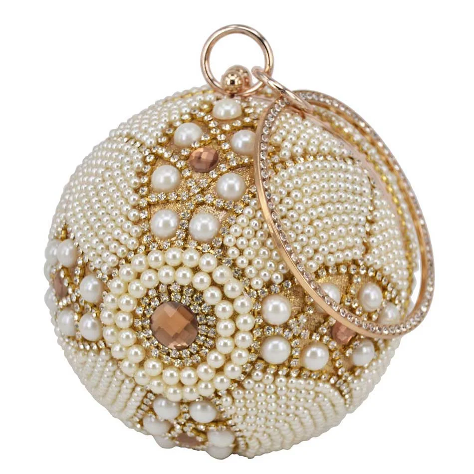 Bowling Design Pearl Clutch Bag circular ring Wristlets Bag Women Party Evening Bag Crystal tassels Ball Female wallet XQ-15