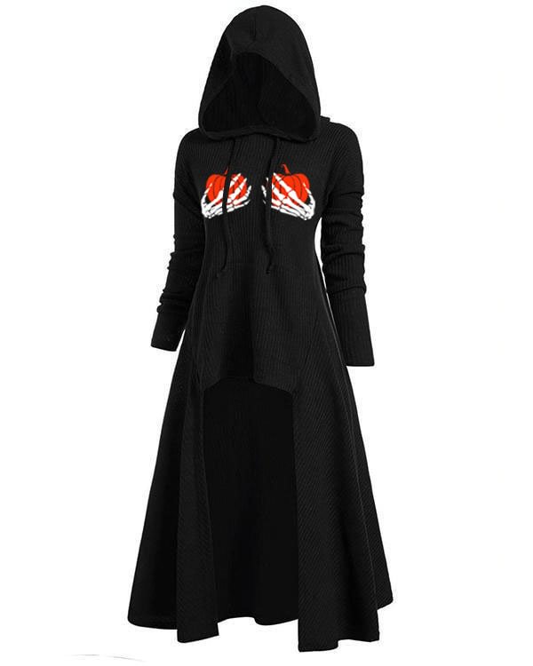 Women's Pumpkin Skull Print Hooded High Low Drop Shoulder Longline Sweater