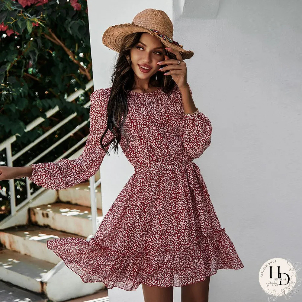Round Neck Long Sleeve Floral Wrap Tie Waist Mini Dress