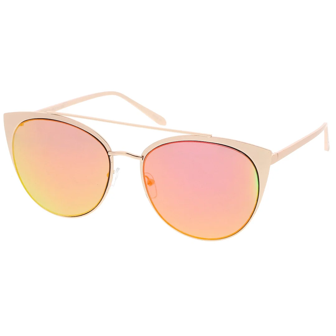 Women's Oversize Metal Crossbar Mirrored Flat Lens Cat Eye glasses 61mm