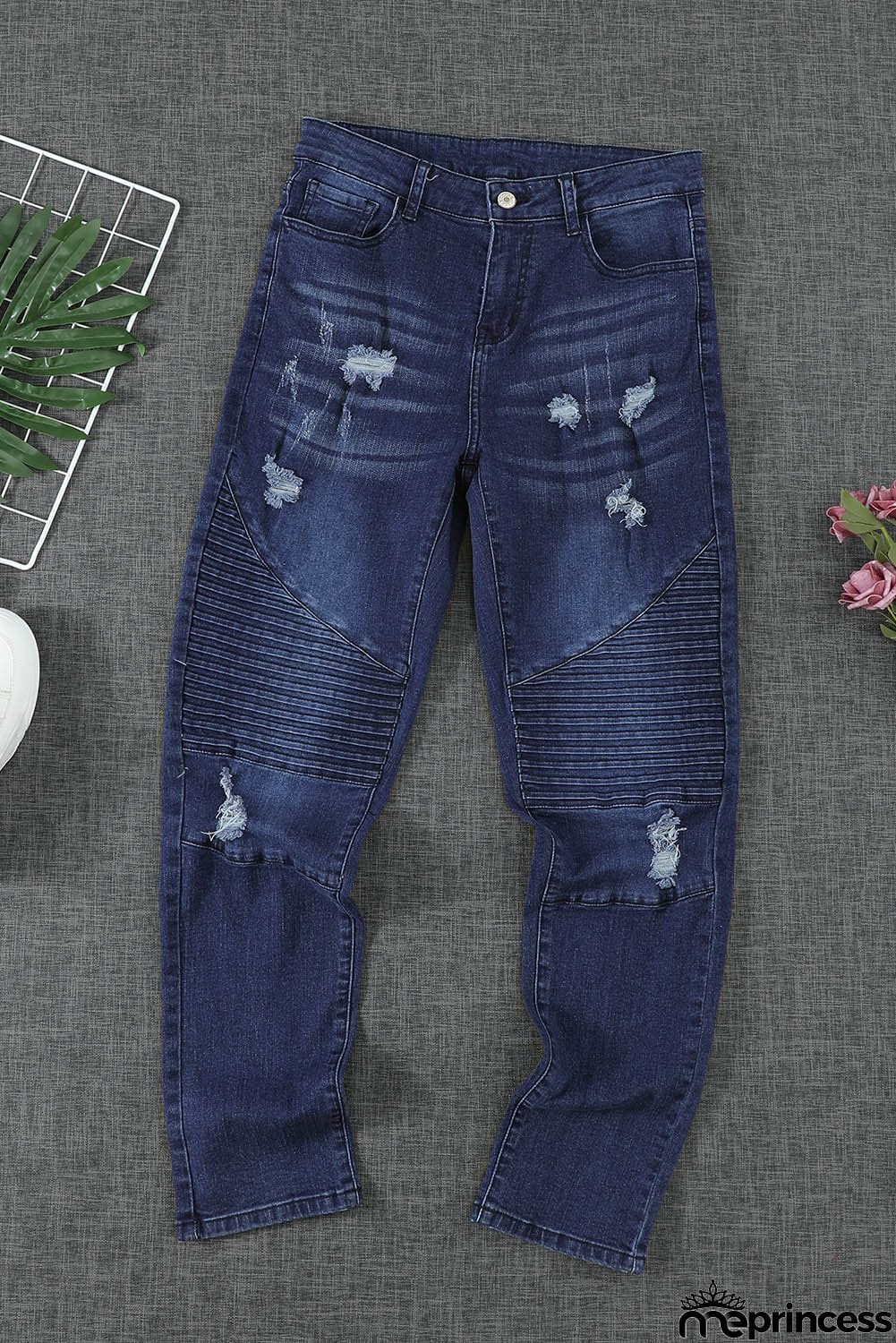 Dark Blue Distressed Patchwork Skinny Jeans