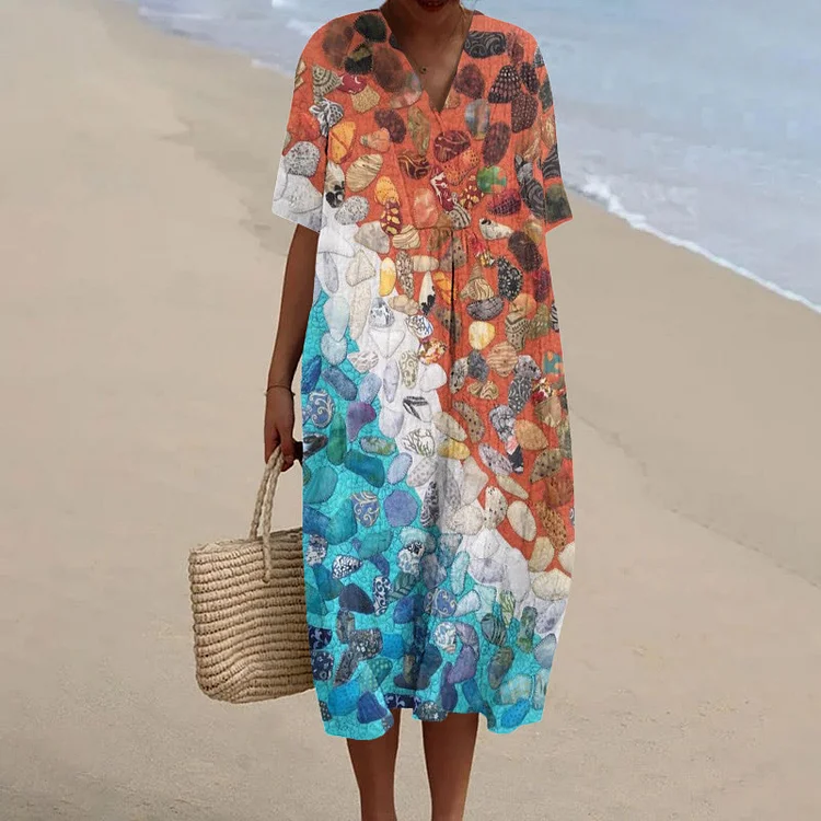 Creative Shell Beach Print Short Sleeved Casual Midi Dress