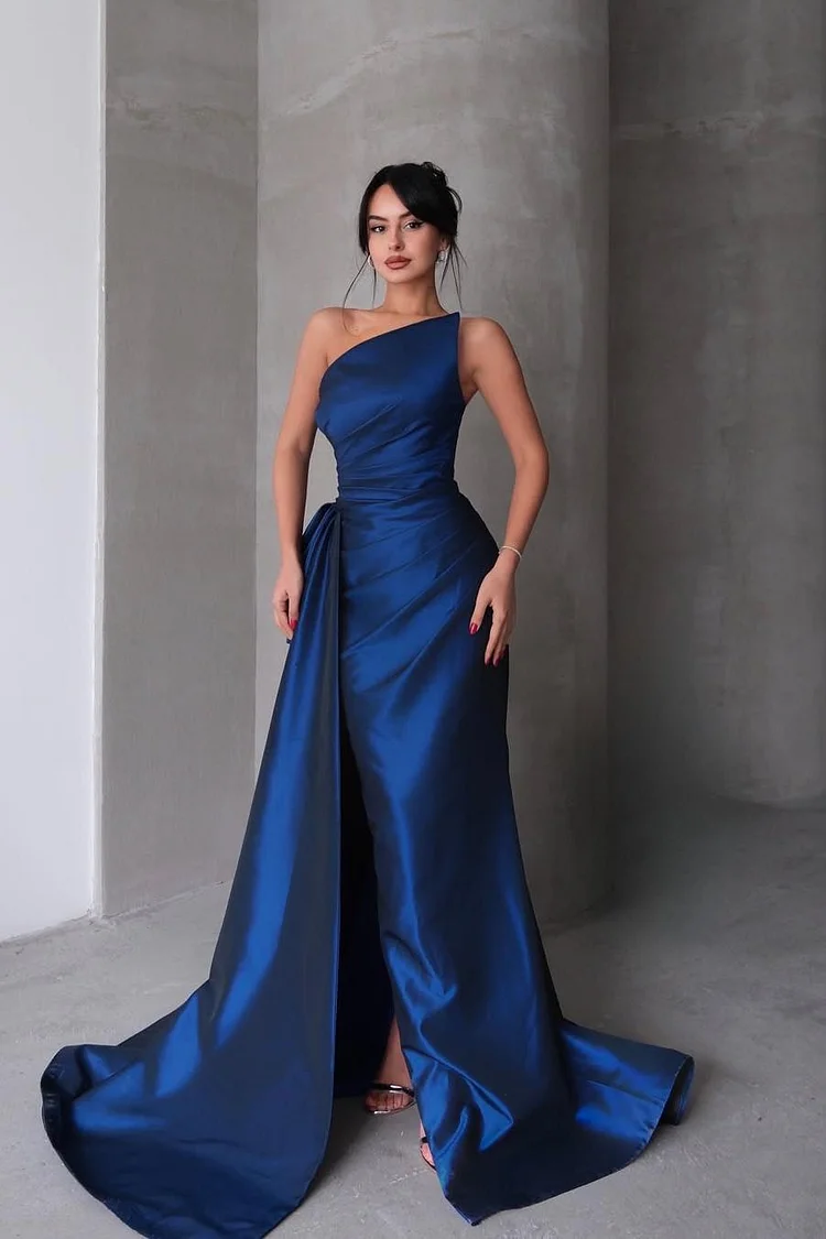 Strapless Sleeveless Mermaid Long Prom Dress With Split Pleated XJ0618