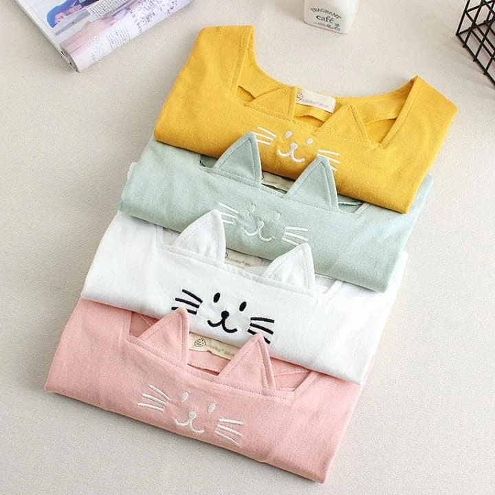 White/Pink/Light Blue Kawaii Neko Cat Ears Loose T-Shirt SP166298