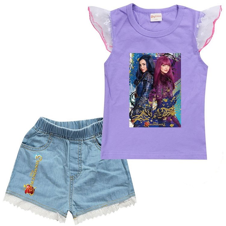 Descendants 3 Print Mal And Evie Girls Tank Top Denim Shorts Suit Set-Mayoulove